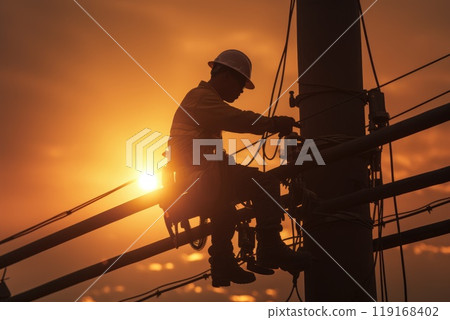 Tireless service: men working on electricity pole, experienced workers addressing breakdown in the electricity supply, ensuring restoration of power, labour day with dedication and expertise. 119168402