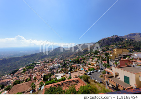 View of the cityscape and blue sky from the top of the mountain 119168454