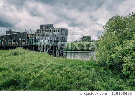 Modern architecture and lush scenery on the lakeside 119168456
