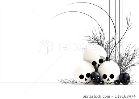 Stylish Halloween postcard: A minimalistic and creative banner showcasing a chic design for Halloween, blending elegance with seasonal spirit to create a unique and eye-catching festive postcard. 119168474