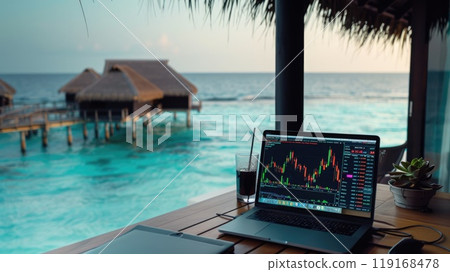 Wealthy crypto: a stock chart laptop in a luxury flat in a resort town, concept of crypto earnings, highlighting fusion of digital wealth accumulation and upscale lifestyle idyllic resort settings. 119168478