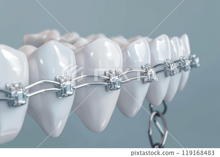Straightening journey: orthodontic bracket or brace, focusing on dental treatment concept designed to correct misaligned teeth, enhance oral function, boost confidence with beautifully aligned smile. 119168483