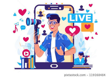 Studio streaming setup: a blogger livestreamer utilizing phone, podcast microphone for online streaming, reviewing business content, promoting through live broadcasts, enhancing digital presence. 119168484