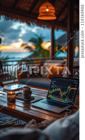 Crypto gains: a stock chart laptop in a luxury flat in a resort town, illustrating the concept of crypto earnings, blending modern investment strategies with luxurious living in scenic locales Crypto gains: a stock chart laptop in a luxury flat in a resort town, illustrating the concept of crypto earnings, blending modern investment strategies with luxurious living in scenic locales 119168488