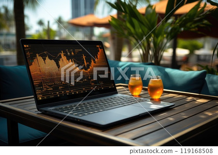 Wealthy crypto: a stock chart laptop in a luxury flat in a resort town, concept of crypto earnings, highlighting fusion of digital wealth accumulation and upscale lifestyle idyllic resort settings. 119168508