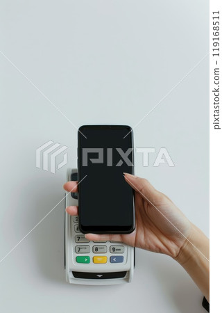Digital transaction: cashless payment with credit card, phone, nfc, streamlining process for seamless purchases, secure financial interactions, enhancing convenience in everyday transactions. Digital transaction: cashless payment with credit card, phone, nfc, streamlining process for seamless purchases, secure financial interactions, enhancing convenience in everyday transactions. 119168511