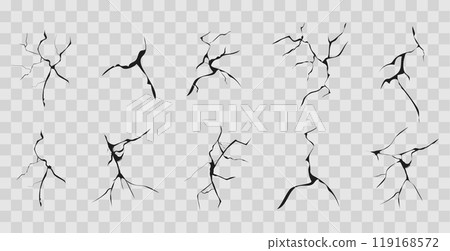 Cracked glass, wall, egg, fissures in ground top view. Set concrete, crevices from disaster, surface from earthquake, Ruined breaked land surface doodle, hand drawn 119168572