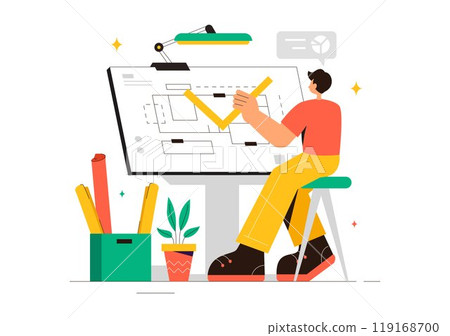 Vector illustration of a Drafting Engineer or Architect Working on a Drawing Board, Projecting Plans and Creating Drafts for Construction Projects 119168700