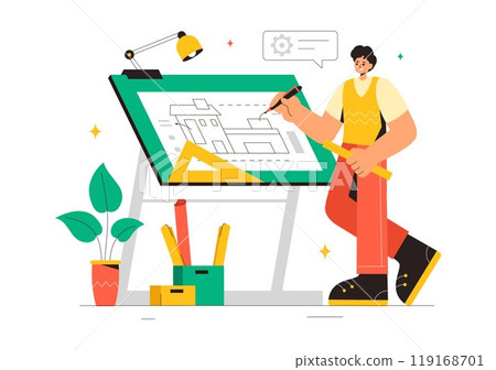 Vector illustration of a Drafting Engineer or Architect Working on a Drawing Board, Projecting Plans and Creating Drafts for Construction Projects Vector illustration of a Drafting Engineer or Architect Working on a Drawing Board, Projecting Plans and Creating Drafts for Construction Projects 119168701