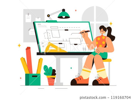 Vector illustration of a Drafting Engineer or Architect Working on a Drawing Board, Projecting Plans and Creating Drafts for Construction Projects 119168704