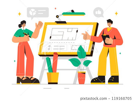 Vector illustration of a Drafting Engineer or Architect Working on a Drawing Board, Projecting Plans and Creating Drafts for Construction Projects 119168705