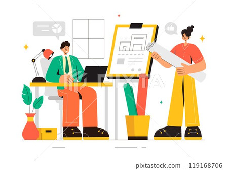 Vector illustration of a Drafting Engineer or Architect Working on a Drawing Board, Projecting Plans and Creating Drafts for Construction Projects Vector illustration of a Drafting Engineer or Architect Working on a Drawing Board, Projecting Plans and Creating Drafts for Construction Projects 119168706