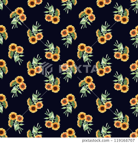 Watercolor seamless pattern with bouquets, bunches of yellow sunflowers. Hand drawn repeat pattern for wrapping wallpaper fabric textile Watercolor seamless pattern with bouquets, bunches of yellow sunflowers. Hand drawn repeat pattern for wrapping wallpaper fabric textile 119168707