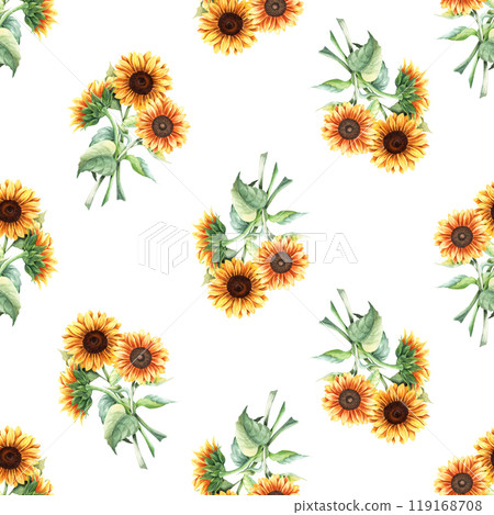 Watercolor seamless pattern with bouquets of yellow sunflowers. Hand drawn repeat pattern isolated on white background for wrapping wallpaper fabric textile Watercolor seamless pattern with bouquets of yellow sunflowers. Hand drawn repeat pattern isolated on white background for wrapping wallpaper fabric textile 119168708