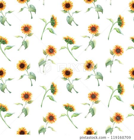 Watercolor seamless pattern with yellow vibrant sunflower branches. Hand drawn repeat pattern isolated on white background for wrapping wallpaper fabric textile Watercolor seamless pattern with yellow vibrant sunflower branches. Hand drawn repeat pattern isolated on white background for wrapping wallpaper fabric textile 119168709