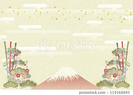 Pine, bamboo, plum, red, Fuji, gold leaf postcard background 119168845