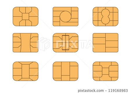 EMV chip icon set. Microchip for bank plastic credit or debit charge or sim card. Digital Nfc technology. Contactless payment at terminals and ATMs 119168983