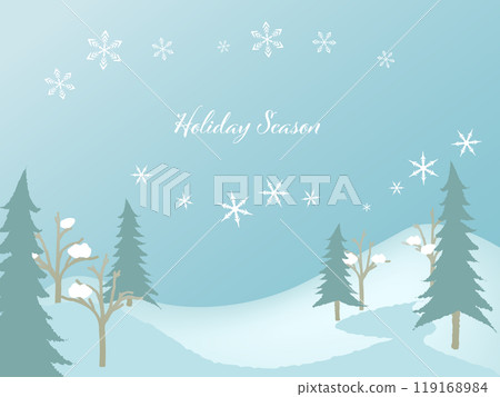 Illustration of a winter mountain landscape with falling snow. Frame and background material for Christmas and holidays. 119168984