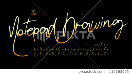 Graceful cursive script embodies quiet luxury. Elegant handwritten strokes subtle swash font for premium logo and branding. Refined letters for sophisticated typography. Handwritten golden typeset. 119168995