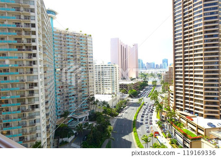 View of the Waikiki cityscape in Hawaii from a high floor 119169336