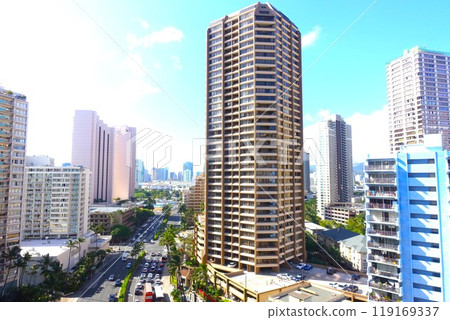 View of the Waikiki cityscape in Hawaii from a high floor 119169337