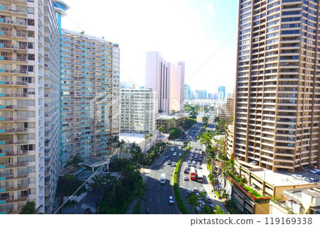View of the Waikiki cityscape in Hawaii from a high floor 119169338