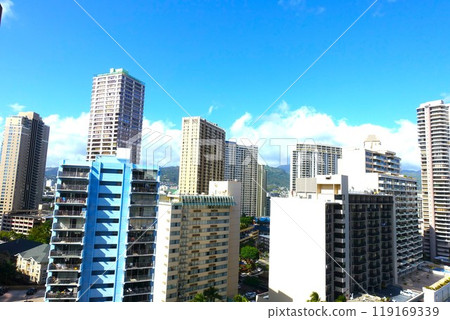 View of the Waikiki cityscape in Hawaii from a high floor 119169339