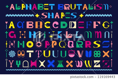 Geometric font. Uppercase letter. Brutalism design. Cool alphabet for poster typography. Abstract color shape. Alphabetical type. Flat typo mix. Graphic random modern logo. Vector tidy y2k symbols set 119169443