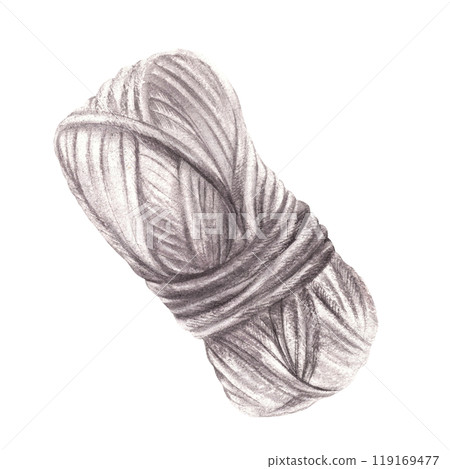 Skein of knitting thread isolated from background. Grey color ball of yarn clipart. Watercolor hand drawn illustration Chaotically intertwined woolen for handmade material. Hobby Knitting, logo, label Skein of knitting thread isolated from background. Grey color ball of yarn clipart. Watercolor hand drawn illustration Chaotically intertwined woolen for handmade material. Hobby Knitting, logo, label 119169477