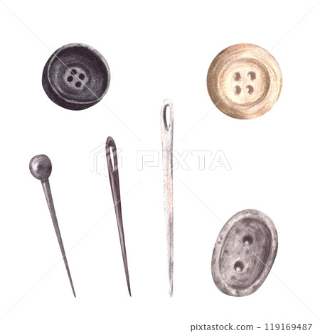 Buttons, needles, sewing pins. Needlework, handicrafts and sewing set in beige, grey pastel colour Watercolor hand drawn illustration Realistic style clipart for handmade hobby isolated from 119169487