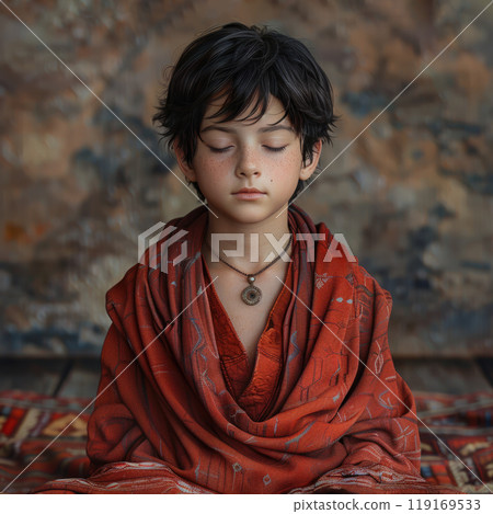 A boy of European appearance dressed in a red robe of a Tibetan lama meditates in the lotus position 119169533