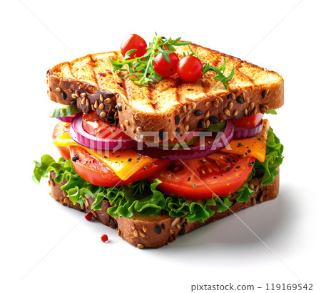 Appetizing sandwich with two pieces of toasted bread isolated on a white 119169542