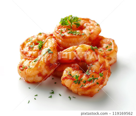 Appetizing fried shrimp sprinkled with herbs and spices isolated on a white background 119169562