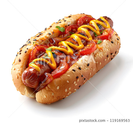 Hot dog with mustard and ketchup in a sesame bun isolated on a white 119169563