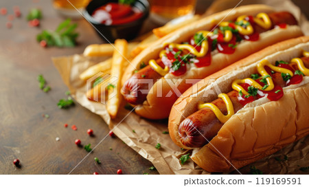 Hot dogs with ketchup, yellow mustard, fries and soda Hot dogs with ketchup, yellow mustard, fries and soda 119169591