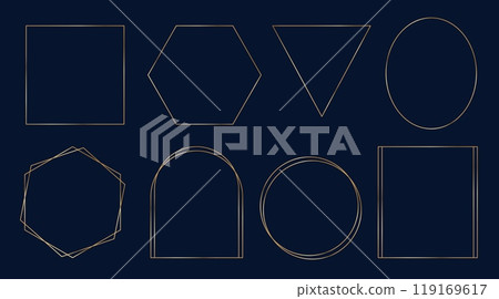Set of outline gold frames on dark background. Decorative elements for wedding invitation, grand opening, greeting card, certificate. Vector illustration Set of outline gold frames on dark background. Decorative elements for wedding invitation, grand opening, greeting card, certificate. Vector illustration 119169617