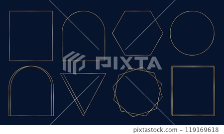 Set of geometric gold frame on dark background. Gold border, design element for decoration card, certificate, grand opening, party invitation Set of geometric gold frame on dark background. Gold border, design element for decoration card, certificate, grand opening, party invitation 119169618