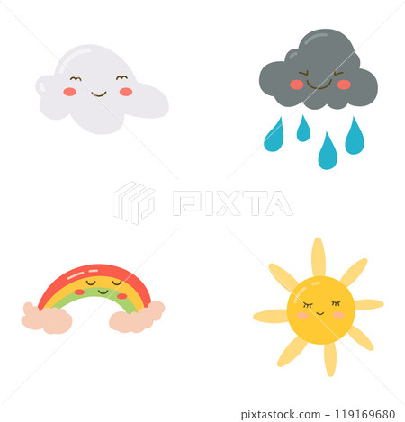 Set of Cute Rain Cloud Rainbow Sun Cartoon Character in the Sky Set of Cute Rain Cloud Rainbow Sun Cartoon Character in the Sky 119169680