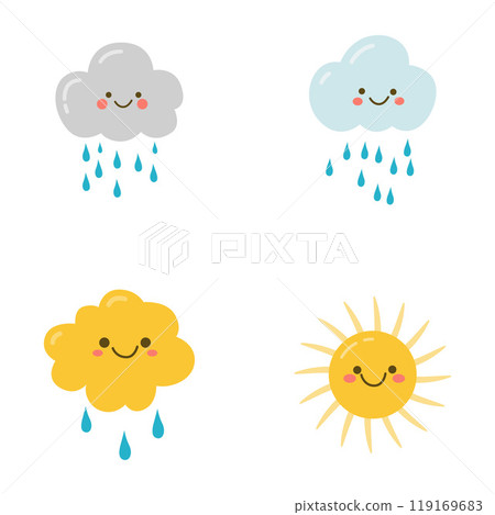 Set of Cute Rain Cloud Sun Cartoon Character in the Sky Set of Cute Rain Cloud Sun Cartoon Character in the Sky 119169683