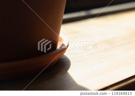 A warm sunbeam gently illuminates a terracotta pot resting on a wooden surface in a serene indoor space A warm sunbeam gently illuminates a terracotta pot resting on a wooden surface in a serene indoor space 119169813
