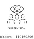 This image represents the concept of supervision, depicting an eye overseeing a group of people. It symbolizes observation, guidance, and oversight within a group or organization 119169896