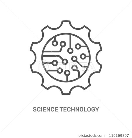 The image depicts a gear with a circuit board pattern inside, symbolizing science and technology, particularly related to the fusion of engineering, electronics, and digital innovation. 119169897