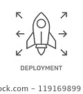 The image shows a line-art rocket surrounded by arrows pointing outward, symbolizing the concept of deployment, likely in a software or technology context, representing launch or distribution. 119169899