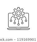 The image shows a gear on a laptop screen with connecting lines, symbolizing Dashboarding. It represents the integration of technology, data, and processes for efficient tracking and control. 119169901