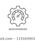 The image shows a gear with a speedometer inside, representing Benchmarking. It symbolizes evaluating performance by comparing it to standards or best practices in business and technology. 119169903