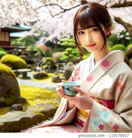 A woman in a kimono enjoying cherry blossom viewing 119170057