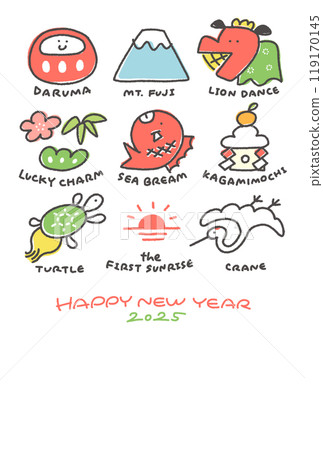 Cute New Year's card with lucky charms for New Year 2025 English letters, hand-drawn, line drawing Cute New Year's card with lucky charms for New Year 2025 English letters, hand-drawn, line drawing 119170145