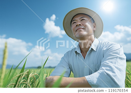 AI 生成的圖像：一位日本稻農站在稻田前的肖像 119170354