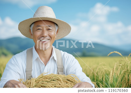 AI 生成的圖像：一位日本稻農站在稻田前拿著稻米的肖像 119170360