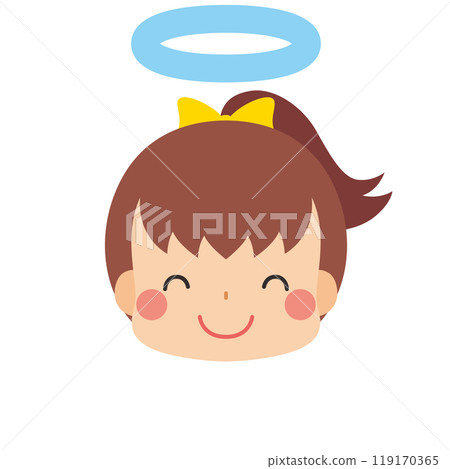 一個可愛的小女孩的表情符號插圖，帶有天使戒指和微笑圖標面部表情白色背景向量 119170365